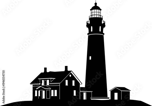 Tall coastal lighthouse with keeper house silhouette vector illustration, maritime navigation landmark, seaside safety concept, minimal black icon design, isolated background