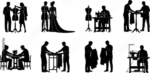 Tailor and Fashion Designer Black Silhouette Vector Set, Sewing Cutting Measuring and Fitting Clothes on Mannequins, Garment Industry Work Graphics