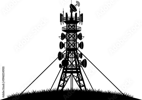 Telecommunication tower silhouette vector illustration, cellular network antenna mast icon, wireless signal transmission infrastructure isolated on white background, modern technology concept