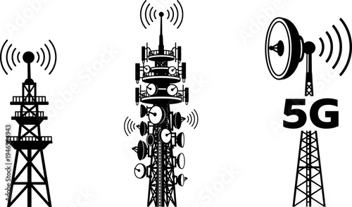 Telecommunication tower silhouettes with antennas, 5G wireless signal transmission concept, black isolated vector illustration set for network technology, mobile communication, and broadcasting design