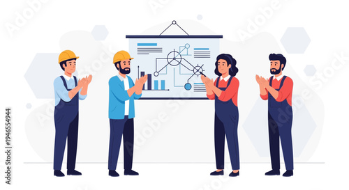 Team of construction workers applauding during a successful project presentation