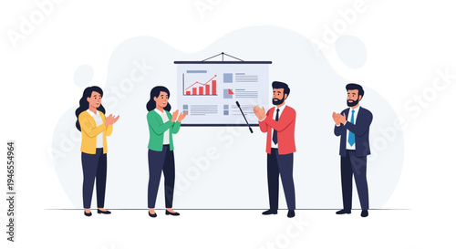 Business meeting presentation success, team applauding speaker by whiteboard