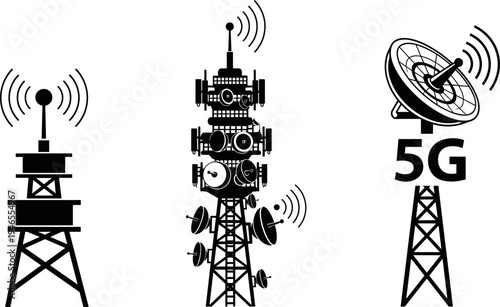 Telecommunication tower vector illustration set, wireless signal antennas and 5G network transmitters, black silhouette radio communication infrastructure isolated on white background