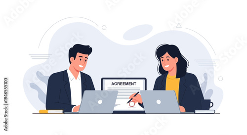 Business partners signing agreement on laptop, teamwork, contract deal, partnership concept