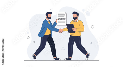 Business partners shaking hands over partnership agreement document