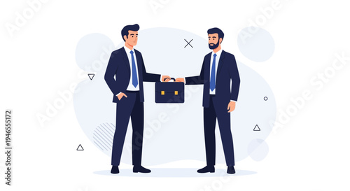 Businessmen shaking hands over a briefcase, partnership concept, modern flat illustration
