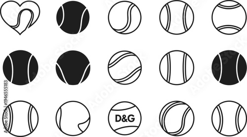 Tennis ball vector illustration set, black and white sports icons collection, minimal outline and solid designs, isolated elements for fitness, recreation, branding