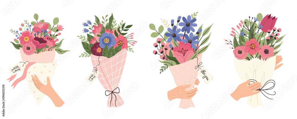 Obraz premium A collection of flower bouquets. Suitable for weeding, March 8th, Mother's Day, invitations, and greeting cards.