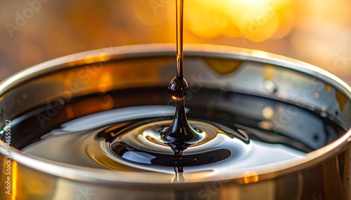 Close up of dark viscous oil dripping into a metal container