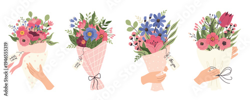 A collection of flower bouquets. Suitable for weeding, March 8th, Mother's Day, invitations, and greeting cards.