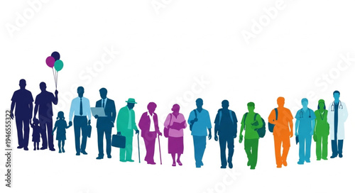 Diverse Group of People Silhouettes Representing Different Ages and Professions.