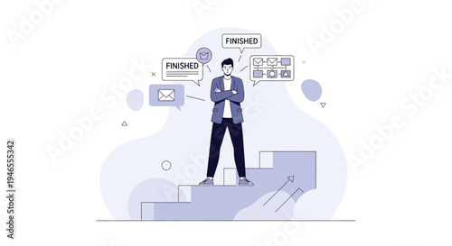 Successful businessman on stairs with finished project, business success, strategy, planning, achievement