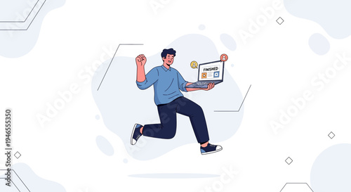 Man running with laptop, celebrating success, achievement, finished task, positive emotions