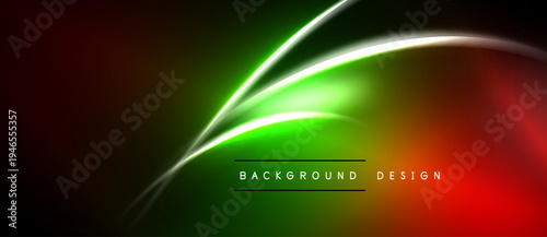 Abstract neon lines create vibrant background. Green, red gradients dominate dark space. Text reads background design. Modern, dynamic visual.