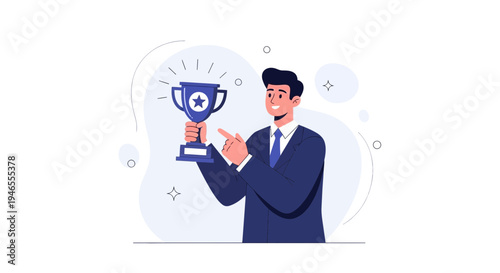 Businessman holding a trophy, celebrating success and achievement in business