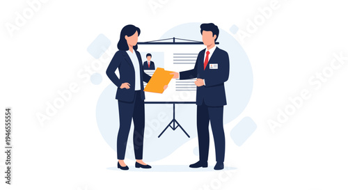 Business meeting: colleagues discuss project near presentation board with resume