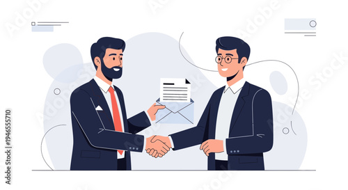 Businessmen shaking hands, closing a deal, and exchanging documents in an office setting.
