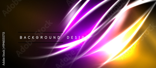 Abstract neon lights create vibrant energy. Purple, orange, white blend into dynamic background design. Smooth curves suggest movement.