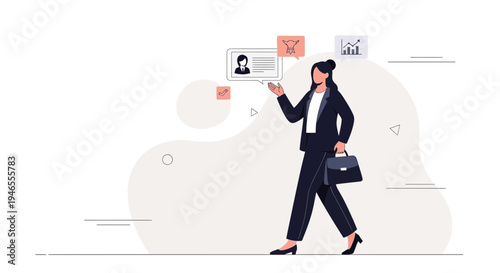 Businesswoman walking with briefcase, career and success concept