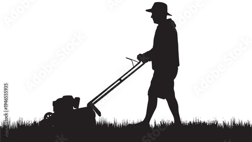 Silhouette of a man wearing a hat and shorts mowing a lawn with a push lawnmower on a sunny day. featuring person, grass, gardening with outdoor and
