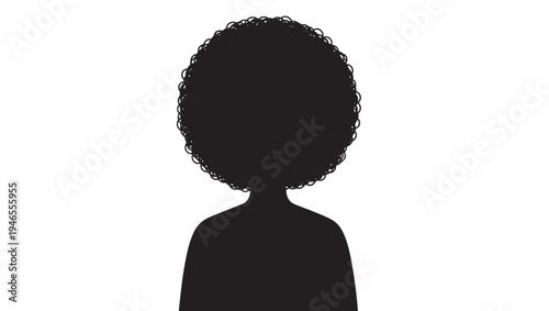 Silhouette of a person with a large, curly afro hairstyle in black, isolated on white. featuring head, shoulders, portrait with avatar and profile