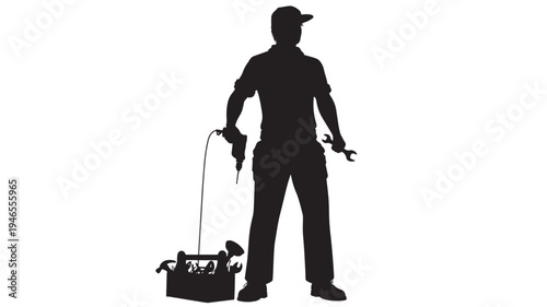 Silhouette of a construction worker holding a wrench and drill, standing next to a toolbox filled with tools on a white background.