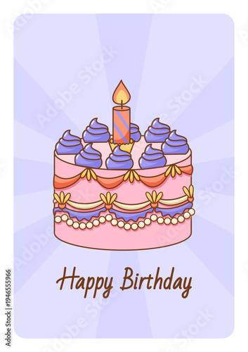 Happy Birthday Card. Vintage Whimsical Cake in a Coquette Style. Bento Cake wit Festive Candle. Vector Illustration.