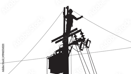 Silhouette of a lineman working on a utility pole, connecting wires to a transformer against a bright sky.