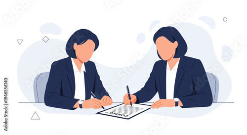 Two businesswomen signing a contract at a desk, illustration