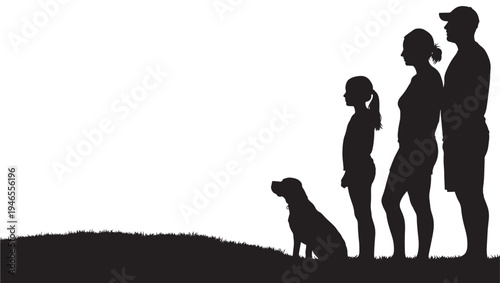 Family with dog silhouette standing on grass against white background, representing companionship and outdoor leisure activities.