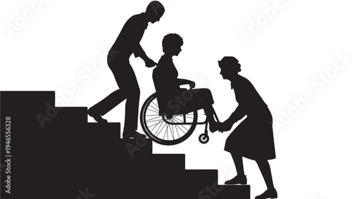 Wheelchair users with assistance navigating stairs in a silhouette depiction of care and support featuring disability, accessibility, helping with