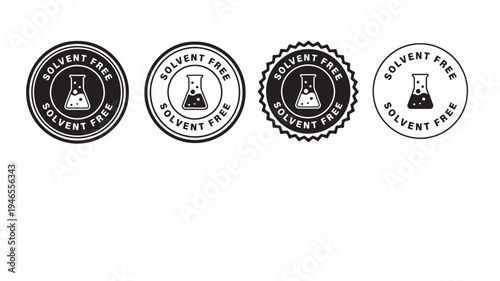 Flask icons with solvent free text and circular seal variations for product labeling and chemical safety.