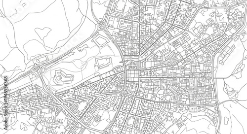 Detailed Black and White City Map Depicting Urban Layout.