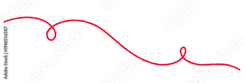 Long yarn curve. Abstract red thread line with thin squiggle swirl. Minimal decorative element for graphic design isolated on white background.