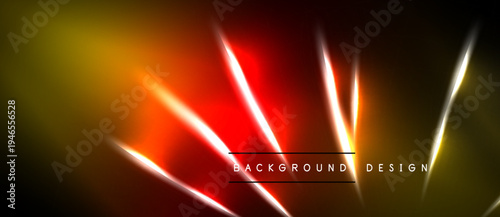 Abstract background features vibrant orange, red, yellow gradients. White lines create dynamic light streaks across dark space. Modern design element.