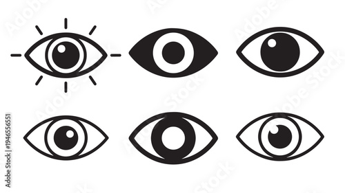 Eyes black icon set with different styles and shapes representing vision, sight, and looking forward.