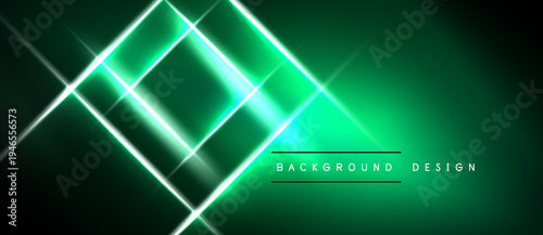 Dark green backdrop features bright neon lines forming overlapping squares. Modern design evokes energy, depth, futuristic aesthetic.