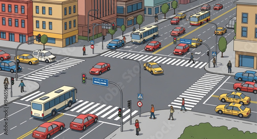 Bustling City Intersection with Diverse Vehicles and Pedestrians.