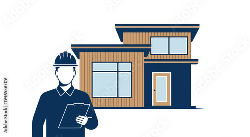Professional Architect or Engineer Holding a Clipboard in Front of a Modern Two-Story Residential House Vector Illustration