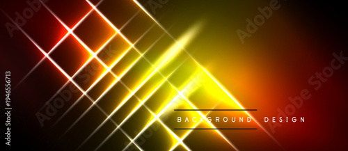 Abstract neon lines create dynamic grid pattern. Bright yellow, orange hues dominate dark background. Modern design element.