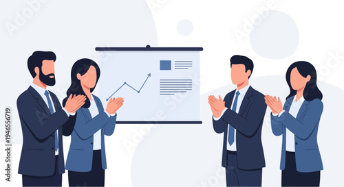 Business team applauding success near presentation board with growth chart
