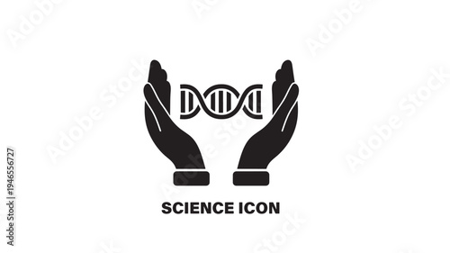 Hands cradling DNA helix icon representing science and genetics research with black design on white background