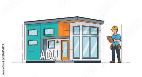 Modern Accessory Dwelling Unit (ADU) Tiny House Illustration with Construction Contractor and Inspector for Housing Development Projects