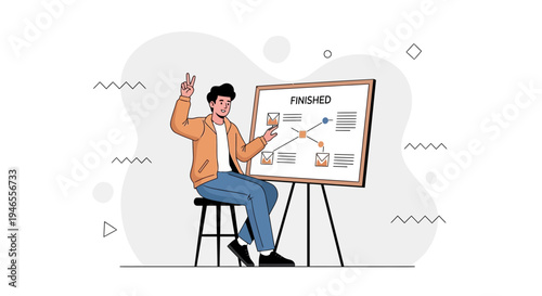 Man presenting project progress on whiteboard, business strategy, finished project, success