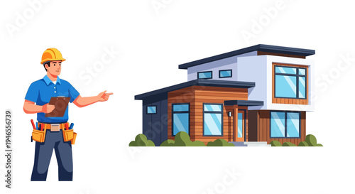 Male Contractor in Hard Hat with Clipboard Pointing at Modern Residential House Illustration. Home Inspection and Real Estate Development Concept.