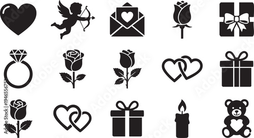 Collection of romantic black silhouette icons representing love celebration gifts including roses hearts and cherubs