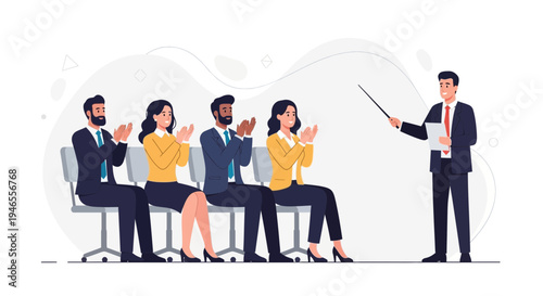 Business meeting applause: speaker presents to clapping audience in a modern office setting