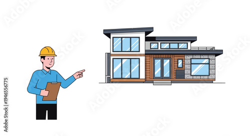 Construction Professional or Architect Pointing at Modern Luxury House Illustration for Real Estate and Building Projects