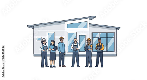 Professional Construction Team and Architects Standing in Front of Modern Residential House Illustration