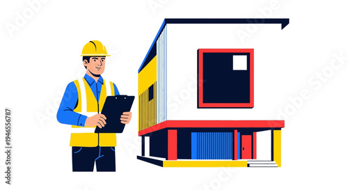 Modern Architect or Construction Engineer with Clipboard Standing by Contemporary House Illustration for Real Estate and Building Concepts
